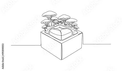 Fungal Foam Alternative. Minimalistic one-line drawing protective foam insert grown from mushrooms holding a fragile object inside a box, continuous single