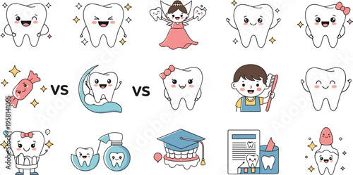Cute dental care characters set with happy teeth, toothbrush, education and hygiene cartoon vector illustration collection
