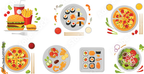 Fast food and international cuisine set with burger, pizza, sushi and salad, delicious meal collection in flat cartoon style vector illustration