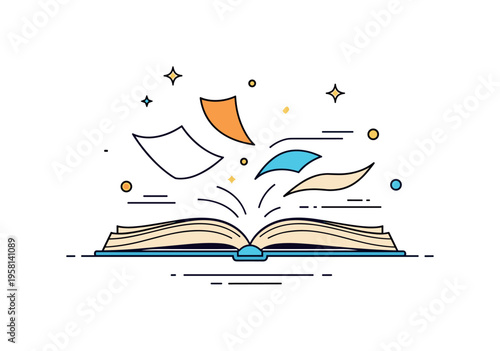 Pages turning in the wind open book with pages fluttering outward as if lifted by a light breeze creating gentle movement above the book. The scene evokes