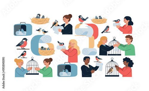 bird rescue volunteers with nests, towels, birds and small cages forming playful grid, seamless pattern, repeating pattern, surface design, textile print, soft