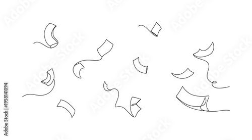Confetti Celebration Scene. Minimalistic one-line drawing confetti pieces mid-air representing excitement and success, continuous single black line on white