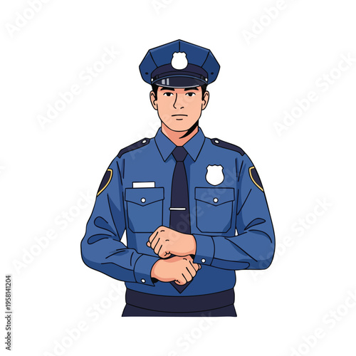 Person in blue uniform, cap, tie, chest badges, and belt