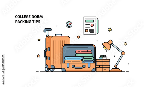 College dorm packing tips a rolling suitcase open with neatly folded clothes while small boxes and a desk lamp nearby hint at organizing belongings for a new