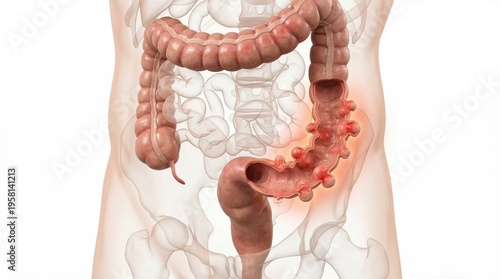 Diverticulitis medical colon visualization showing inflamed pouches and intestinal wall thickening inside ghostly abdominal contour for clinical gastrointestinal diagnostic illustration