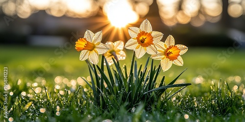Luminous Landscape with Dew-Kissed Daffodils Glowing in Sunlight, Blooming in a Field of Spring