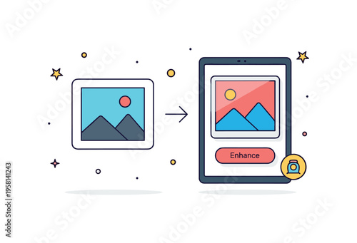 Instant photo enhancement tablet screen showing a dull photo transforming into a vibrant image with a small button labeled Enhance. The scene symbolizes quick