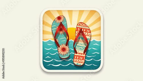 Vector illustration of colorful flip flops on beach