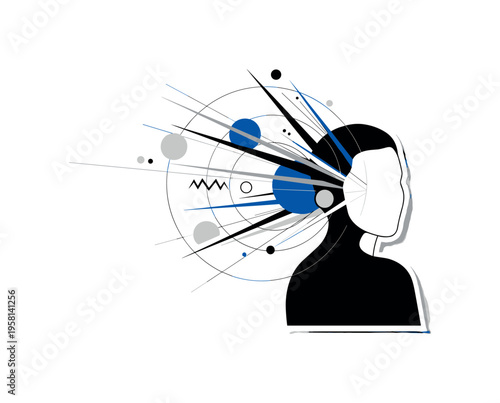 person looking over shoulder with geometric highlights abstract circles lines and geometric shapes representing alertness and fear perception black and white