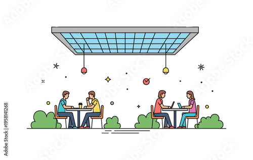 University atrium study space with students sitting near small tables under a wide skylight surrounded by minimal greenery. The academic scene suggests quiet