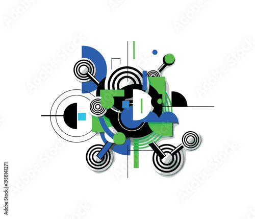 floating molecular cluster with geometric bonds abstract circles semicircles lines and blocks representing microscopic interaction black and white retro