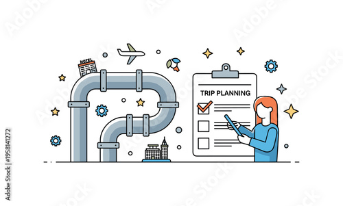 Trip planning illustration showing a person checking a travel itinerary with tiny decorative icons of airplanes, hotels, and landmarks, subtle floating stars
