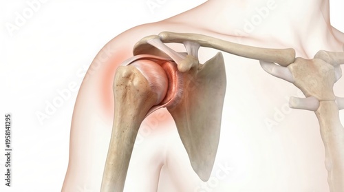 Frozen shoulder adhesive capsulitis medical visualization showing thickened joint capsule and inflammation inside ghostly shoulder contour for clinical orthopedic diagnostic illustration