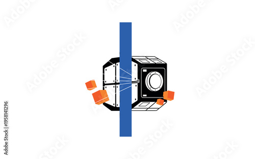 Black and white single module with visible panel segments and circular hatch, bold blue vertical bar dividing composition like docking corridor, thin radiating
