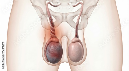 Testicular torsion medical visualization showing twisted spermatic cord ischemic swollen testicle inside ghostly scrotal contour for clinical urological emergency diagnostic illustration