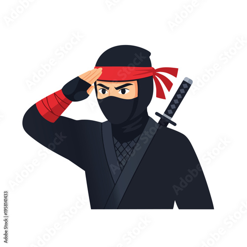 A ninja in black with a red headband salutes, a sword at their back