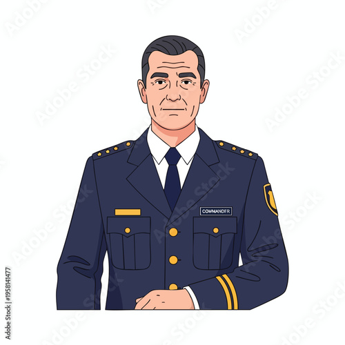 A man in a dark blue commander's uniform with gold insignia and a name tag