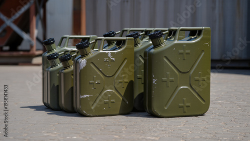 Row of Weathered Military Green Jerry Cans on Concrete Ground