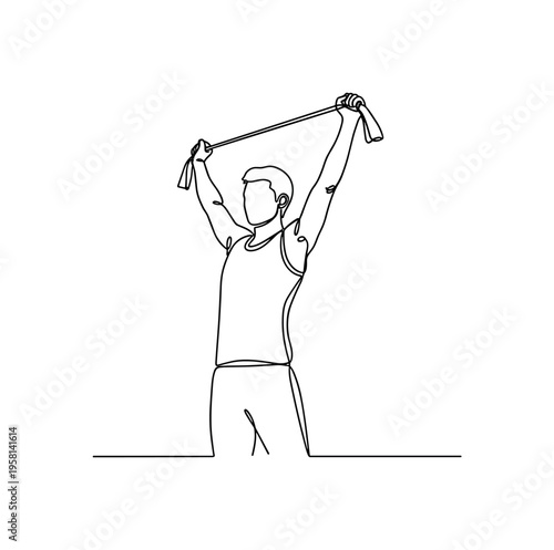 Pulling Resistance Band. Minimalistic one-line drawing individual pulling resistance band overhead to strengthen upper body, continuous single black line on