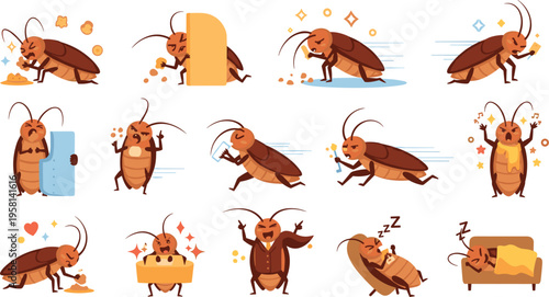 Funny cockroach characters set with human activities, expressive insects eating, running and relaxing, humorous cartoon bug vector illustration collection