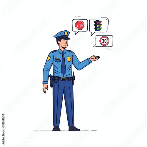 Officer explaining traffic rules with stop, traffic light, and speed limit signs