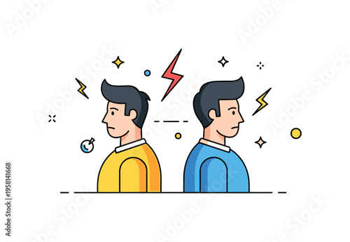Tension between friends illustrated by two stylized characters turned slightly away from each other with subtle lightning and small decorative icons,