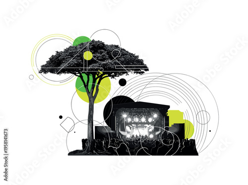 single tall tree with wide canopy abstract circles lines and geometric shapes representing natural shelter black and white retro tree object with white outline