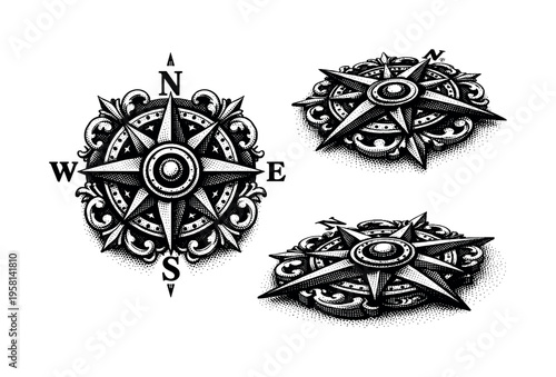 Compass Rose ? ornamental vintage compass rose. An ornamental vintage compass rose with layered directional elements and circular center presented as one