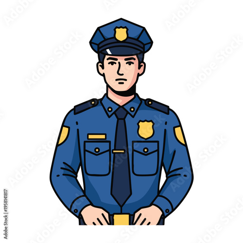 Cartoon policeman in blue uniform, hat, tie, and badge