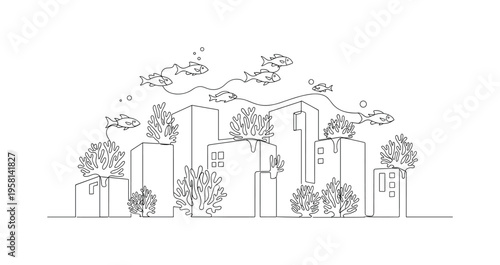 Coral-Covered Structures. Minimalistic one-line drawing submerged buildings with coral growing on surfaces and fish swimming nearby, continuous single black