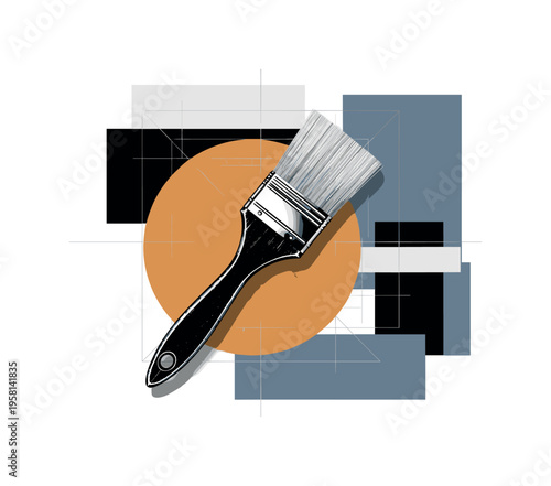 Black and white vintage paintbrush crossing over a modern abstract canvas block, large muted orange circle behind referencing Renaissance sun motifs, thin grid
