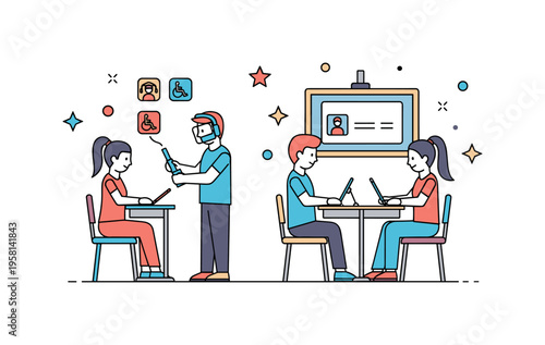 Inclusive education support student using adaptive tools beside classmates showing accessibility and thoughtful classroom design. Decorative stars and small