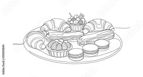 Dessert Pastries. Minimalistic one-line drawing croissants, tarts, and other sweet baked goods on a plate, continuous single black line on white background,