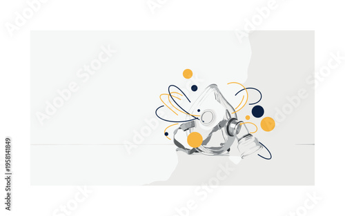 black-and-white medical oxygen mask resting on a surface as the main object, floating circles and curved lines visualizing airflow and breathing cycles,