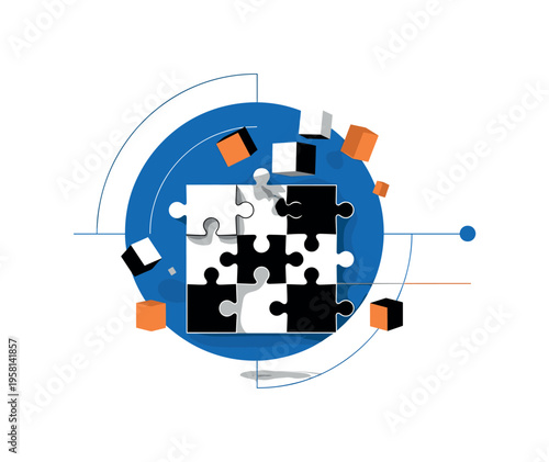 conceptual diversity theme with black and white puzzle pieces coming together to form a unified structure, cut-out puzzle shapes with white contour outline,
