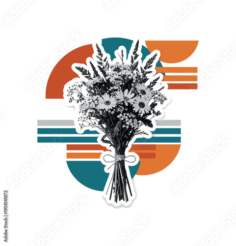 black and white bouquet of wildflowers tied with string, cut-out collage object with white outline, abstract semicircles and horizontal graphic bars creating