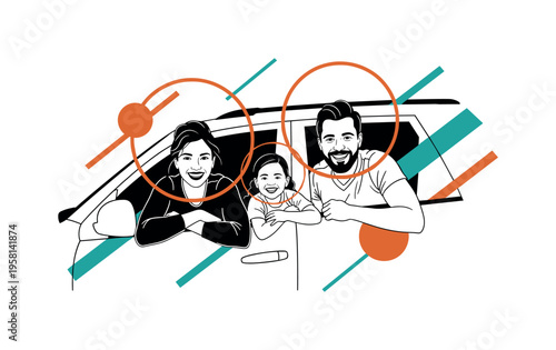 black and white parents and child leaning out of a car window smiling during a road trip, cut-out collage figures with white outline, abstract circular halos