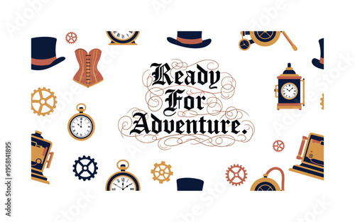 Ready For Adventure. lettering and all elements in black. Vector style. AWhite background. Pure white background. Perfect isolation and visual consistency.