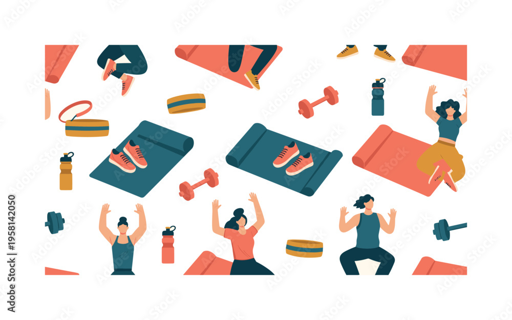 Fototapeta premium fitness workout seamless pattern, individuals performing jumping jacks, exercise mats, sneakers, sweatbands, dumbbells and water bottles arranged in