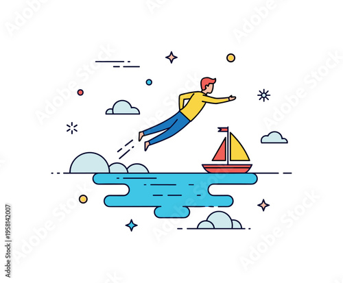 Travel dream concept with a floating figure gliding above a bright lagoon while a small sailboat drifts nearby. The scene captures freedom, exploration and