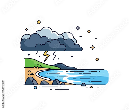 A storm approaching a coastal landscape with dark clouds rolling in and lightning reflecting over the water, evoking drama, tension, and natural spectacle.