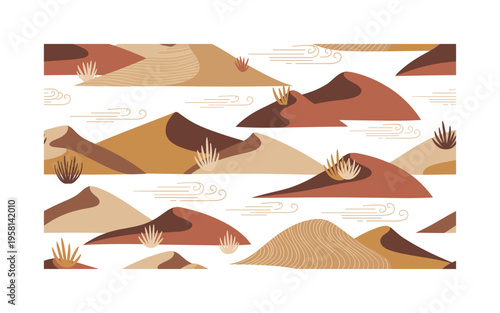 moving desert landscape seamless pattern, stylized dunes shifting with wind lines sand swirls and sparse desert plants arranged in a repeating pattern, white