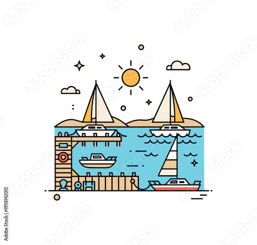 Small harbor marina scene centered on a pier with tied sailboats and a calm water surface beneath a bright sun icon. The illustration conveys peaceful coastal