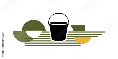 black and white bucket placed on abstract geometric ground shapes, cut-out collage object with white outline, semicircles and horizontal lines forming minimal