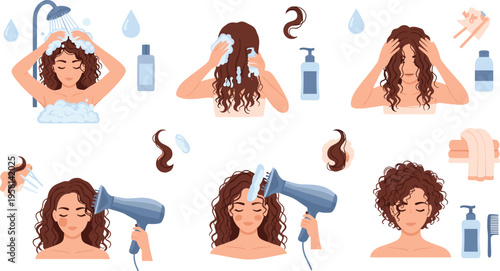 Hair care routine steps set with washing, conditioning and blow drying curly hair cartoon vector illustration