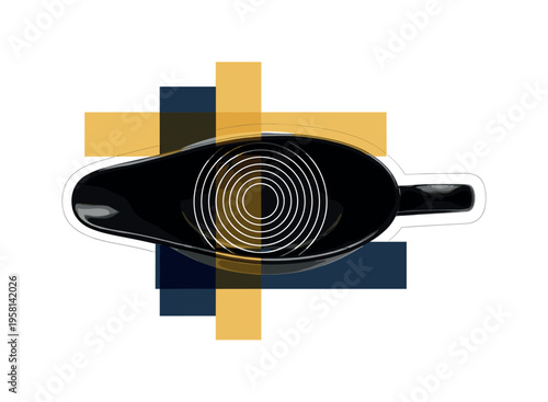 Black and white realistic gravy boat viewed from above, oval opening interacting with concentric circular graphics, rectangular color panels intersecting the