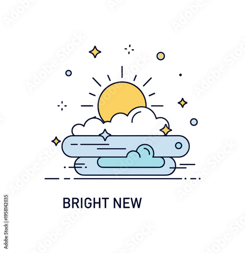 Bright new day concept illustrated by a sun lifting above stylized cloud layers with small sparkle details, conveying optimism, clarity, and forward movement.