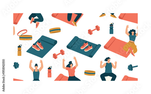 fitness workout seamless pattern, individuals performing jumping jacks, exercise mats, sneakers, sweatbands, dumbbells and water bottles arranged in