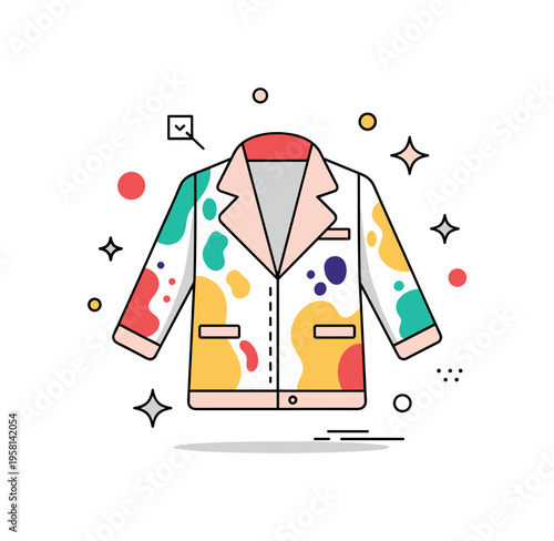 Art inspired fashion design stylish jacket with abstract paint shapes and small star icons suggesting garments created as expressive pieces of wearable