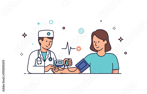 Doctor monitoring blood pressure a calm clinic moment where a physician checks a patient?s arm with a blood pressure cuff while a small pulse line icon